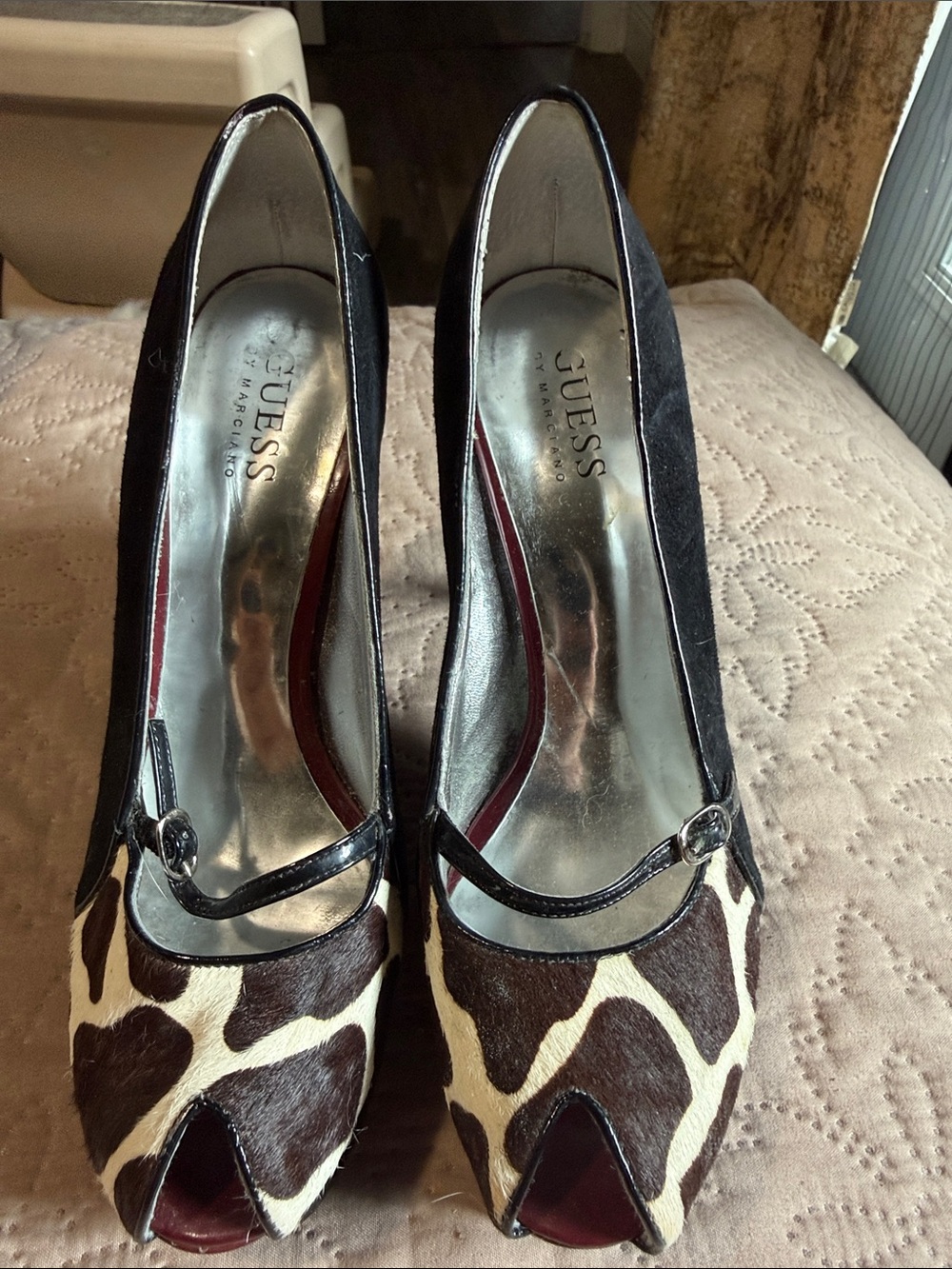 GUESS Black and Brown Giraffe-Print Peep Toe Heels with Strap
